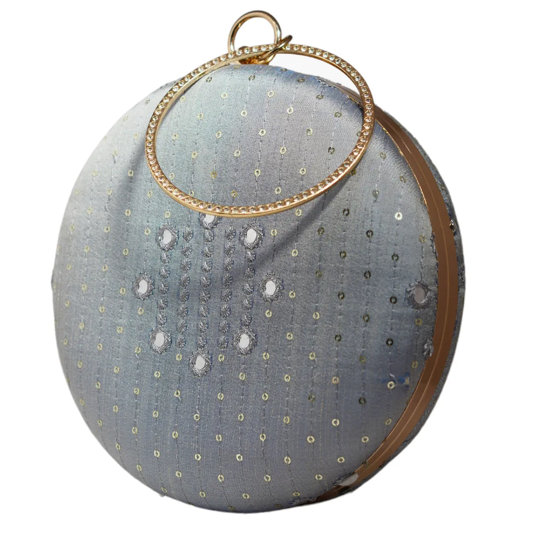 Grey Sequins And Thread Embroidery Round Clutch