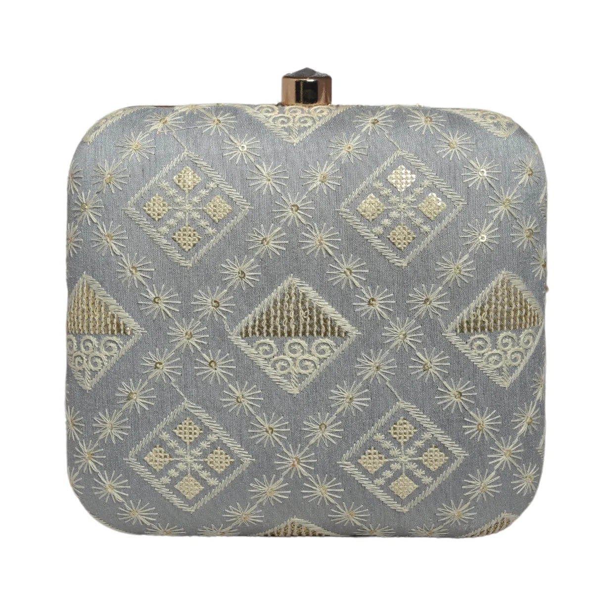 Grey Threadwork And Sequins Embroidery Clutch