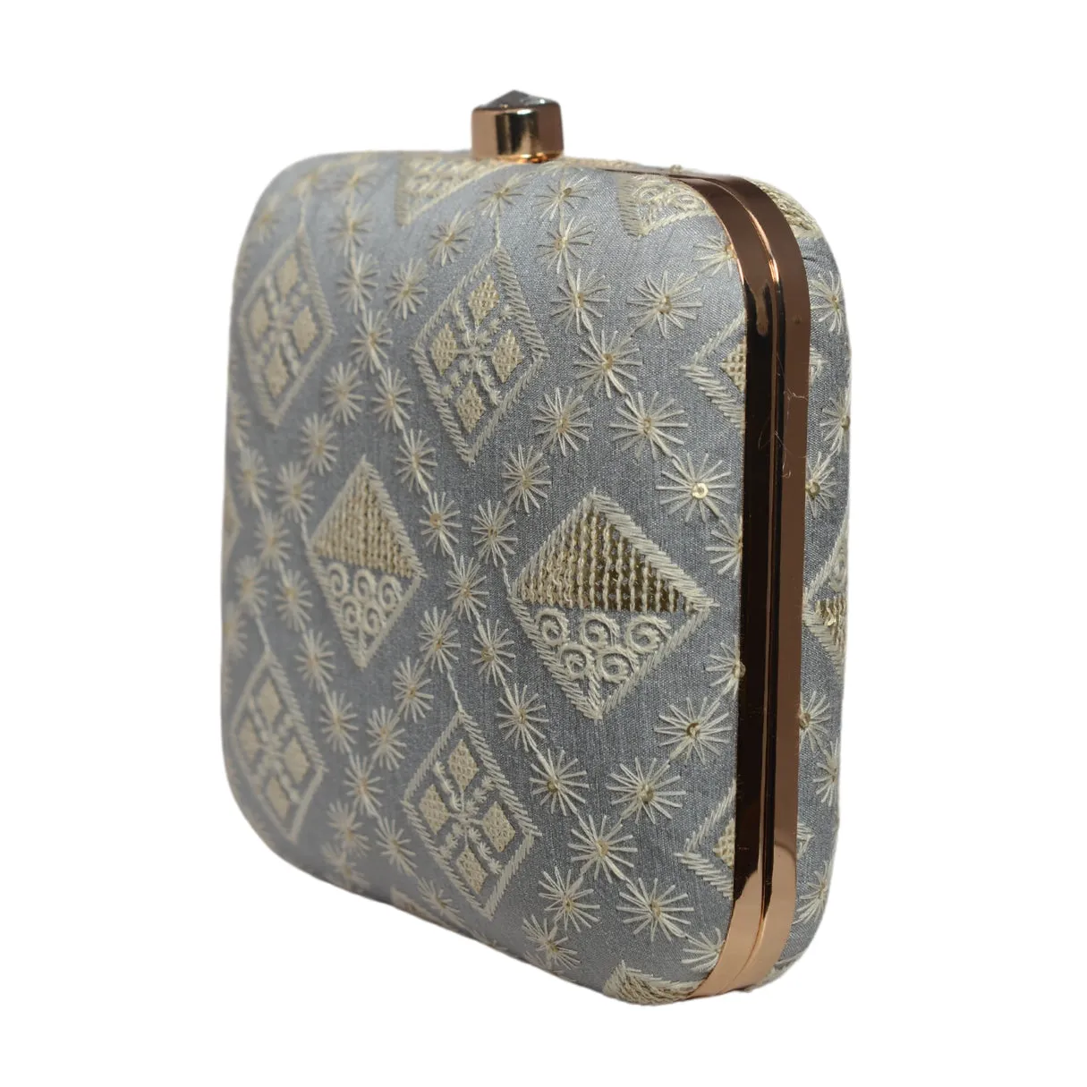 Grey Threadwork And Sequins Embroidery Clutch