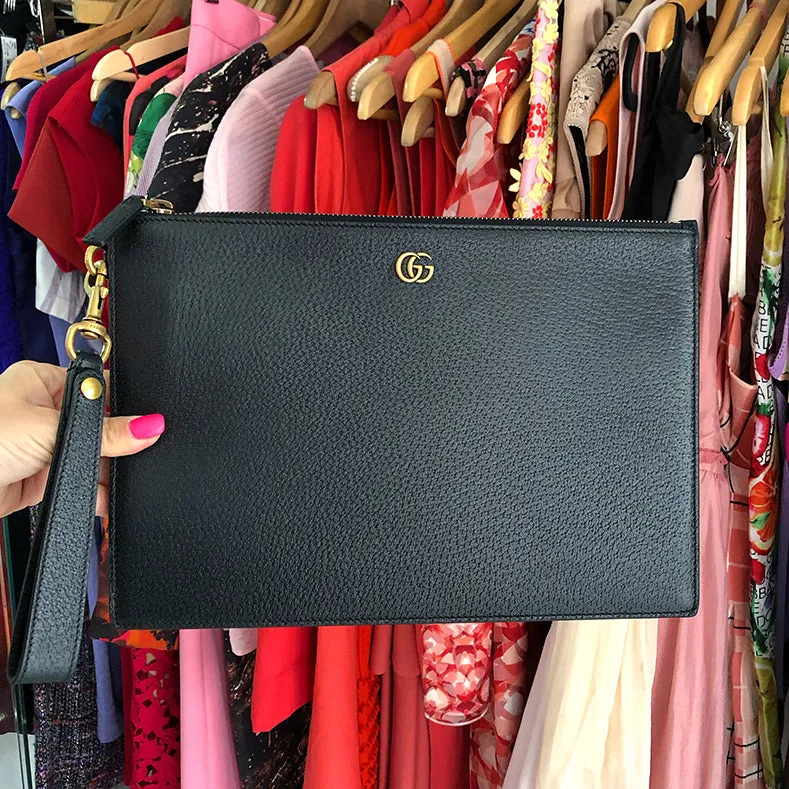 Gucci 2019 Marmont Black Leather GG Portfolio Clutch Bag