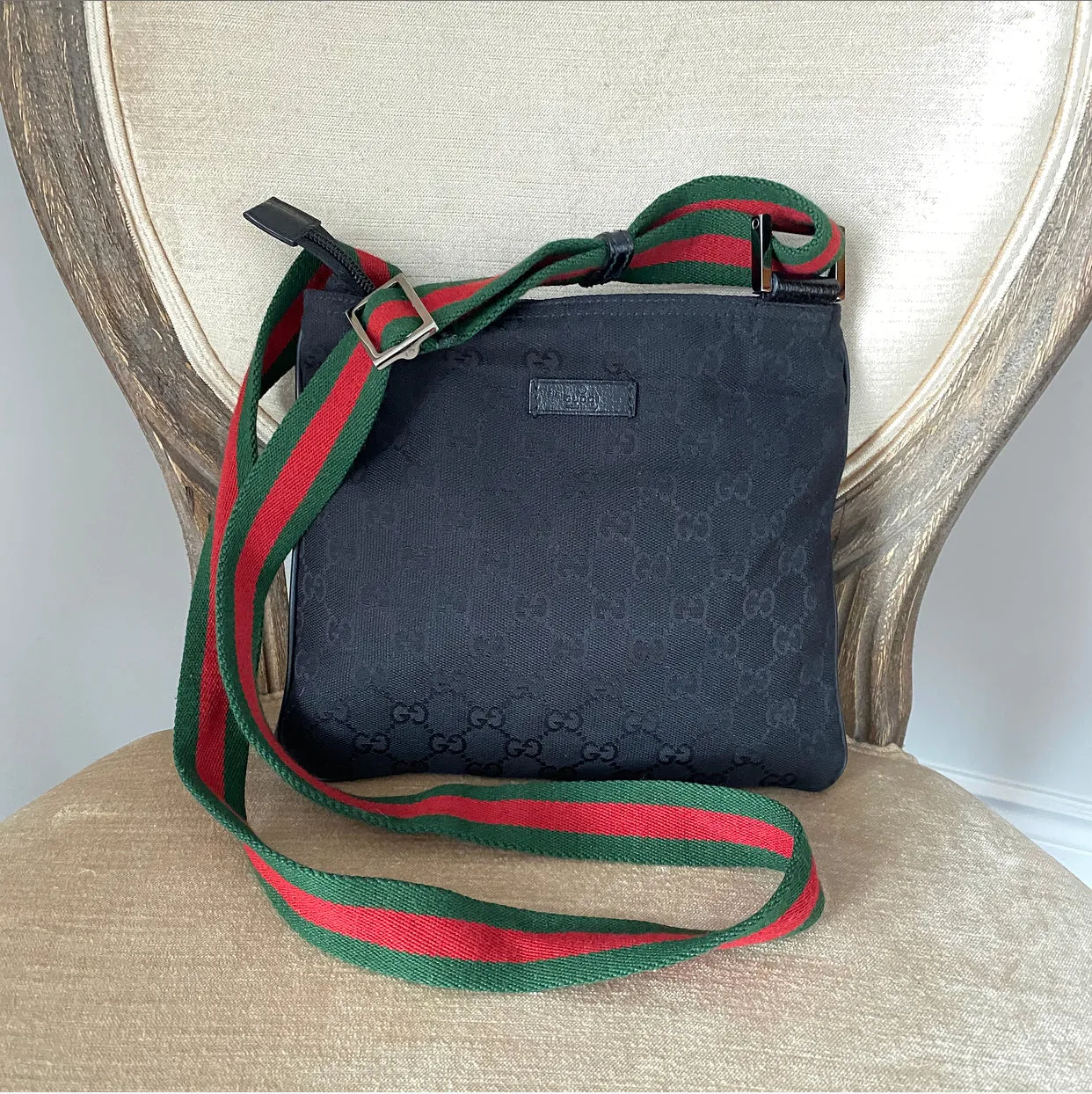 Gucci Black Monogram Canvas Web Stripe Messenger Bag