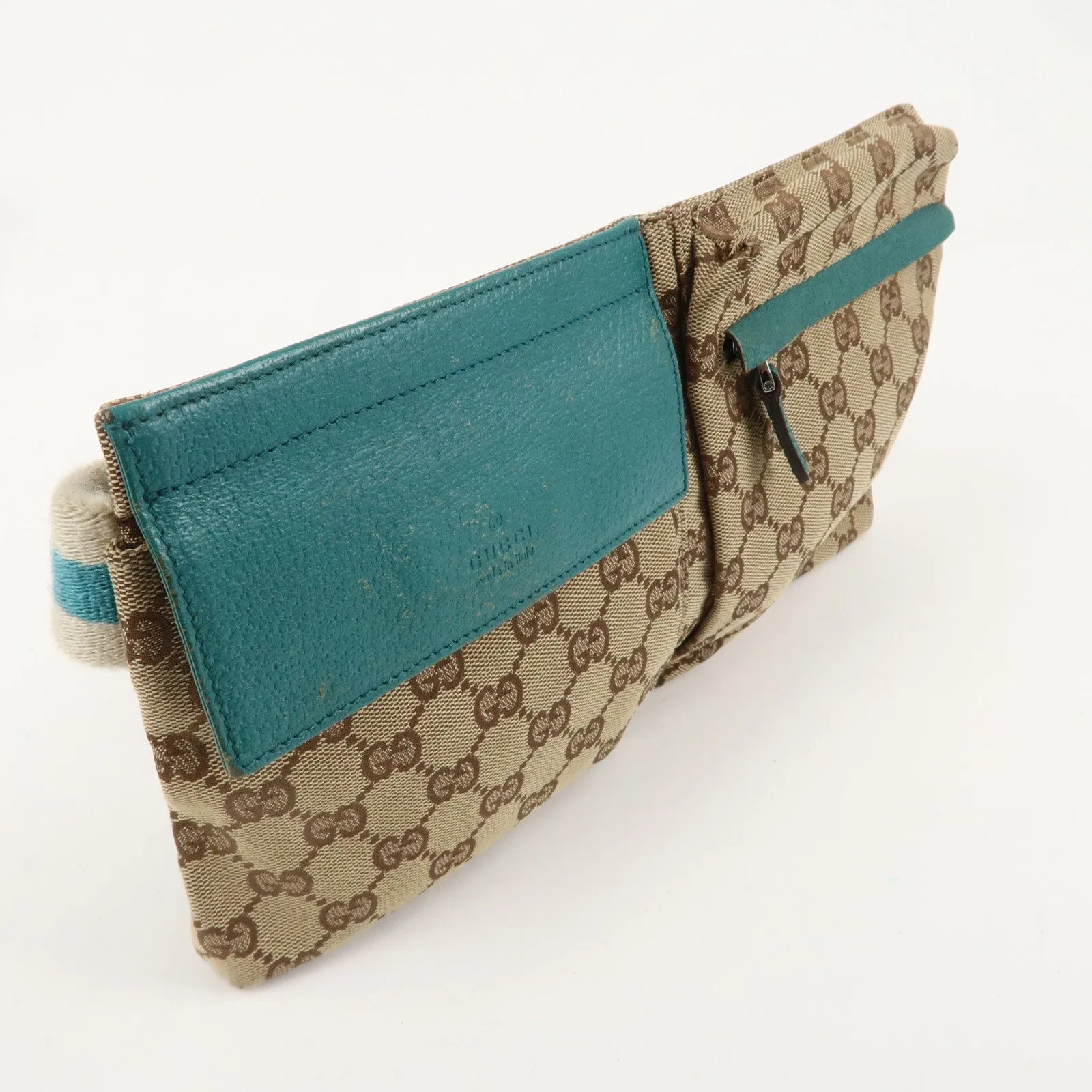 GUCCI GG Canvas Leather Waist Bag Crossbody Bag Turquoise 28566