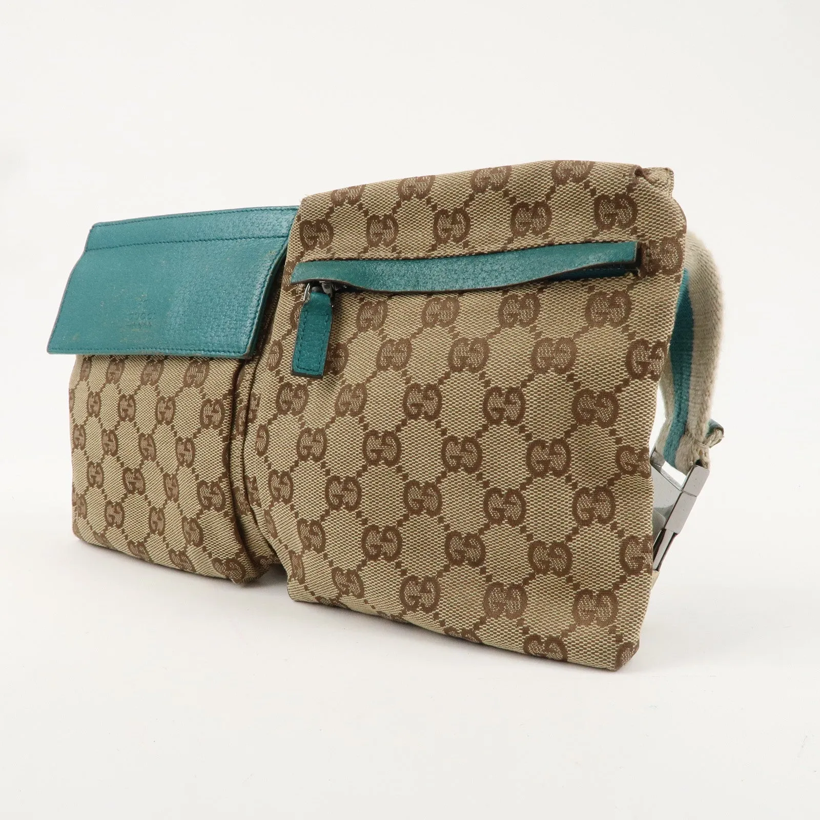 GUCCI GG Canvas Leather Waist Bag Crossbody Bag Turquoise 28566