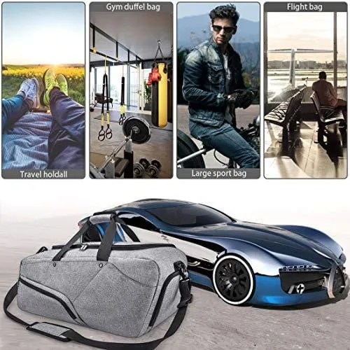 Gym Bag Sports Duffle Bag with Shoes Compartment Waterproof Large Travel Duffel Bags Weekender Overnight Bag for Men Women 45L Grey