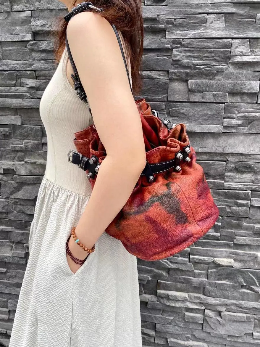 Handcrafted Bohemian Vintage Italian Leather Drawstring Bucket Shoulder Bag | A Perfect Gift for Her