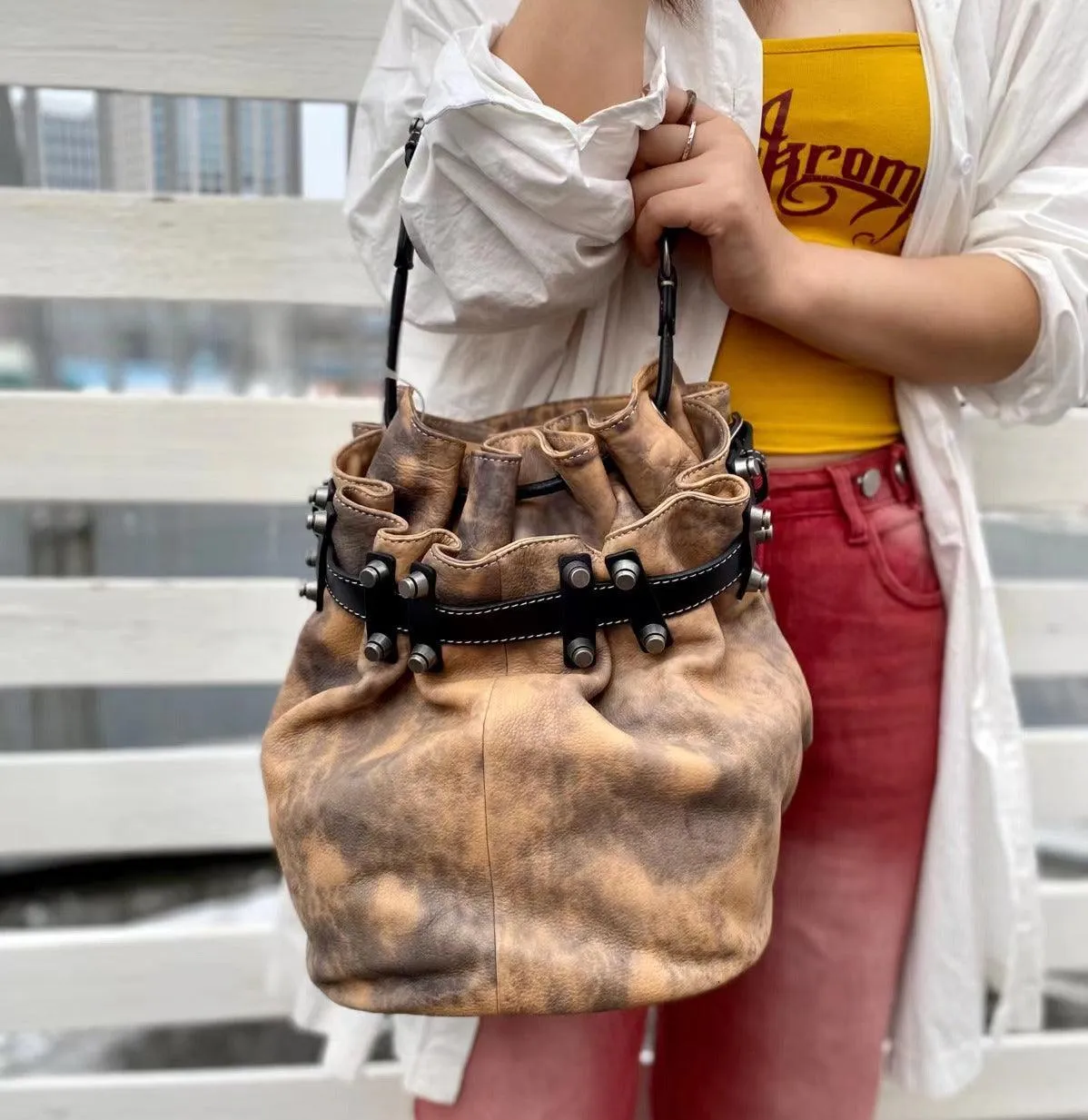 Handcrafted Bohemian Vintage Italian Leather Drawstring Bucket Shoulder Bag | A Perfect Gift for Her
