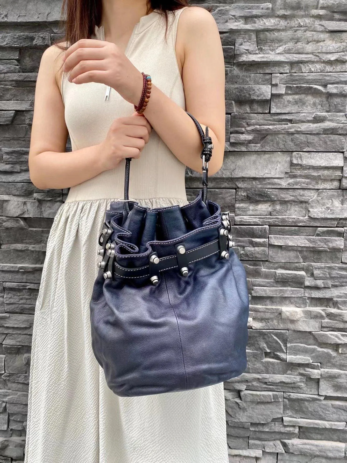 Handcrafted Bohemian Vintage Italian Leather Drawstring Bucket Shoulder Bag | A Perfect Gift for Her
