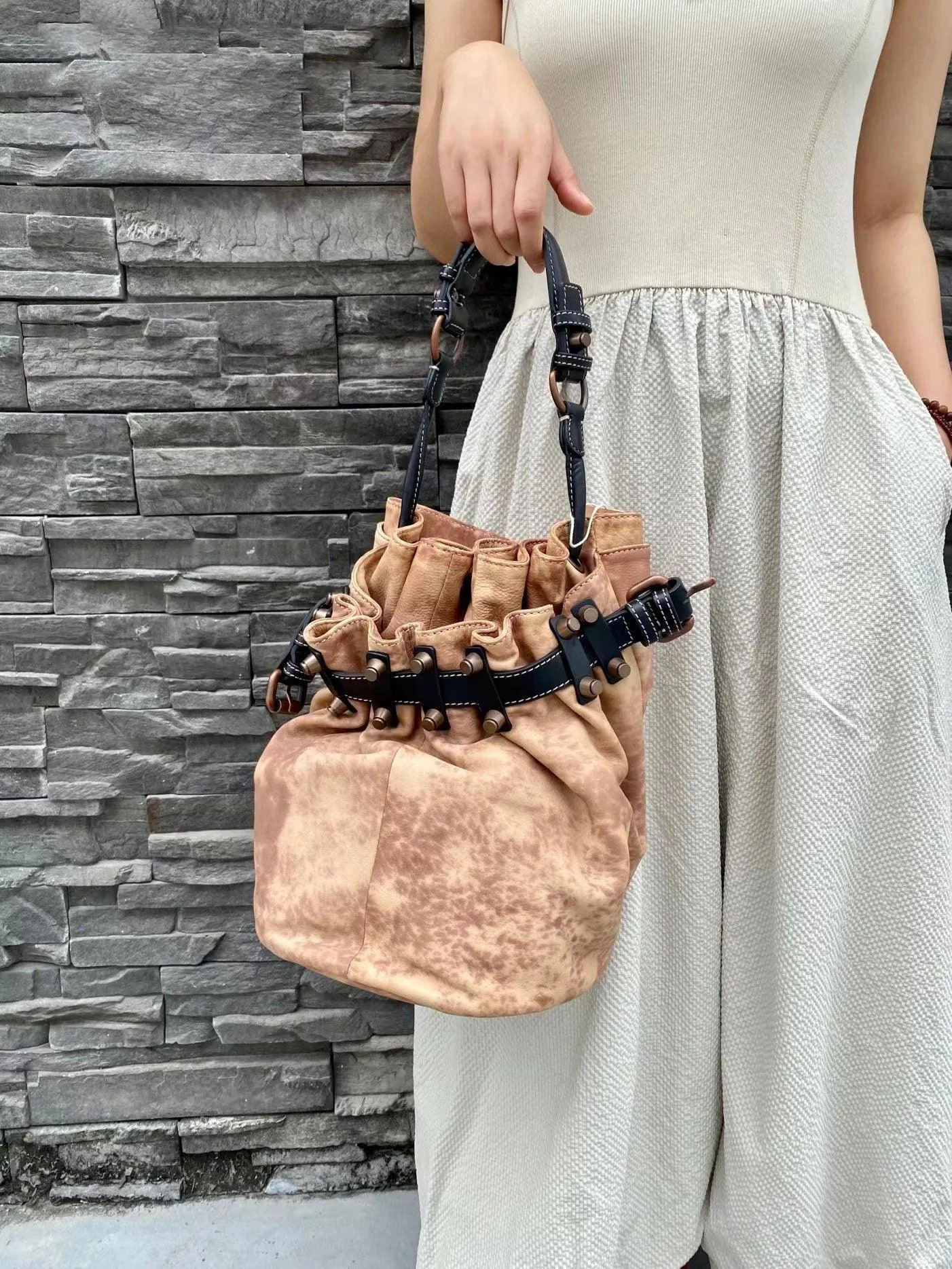 Handcrafted Bohemian Vintage Italian Leather Drawstring Bucket Shoulder Bag | A Perfect Gift for Her