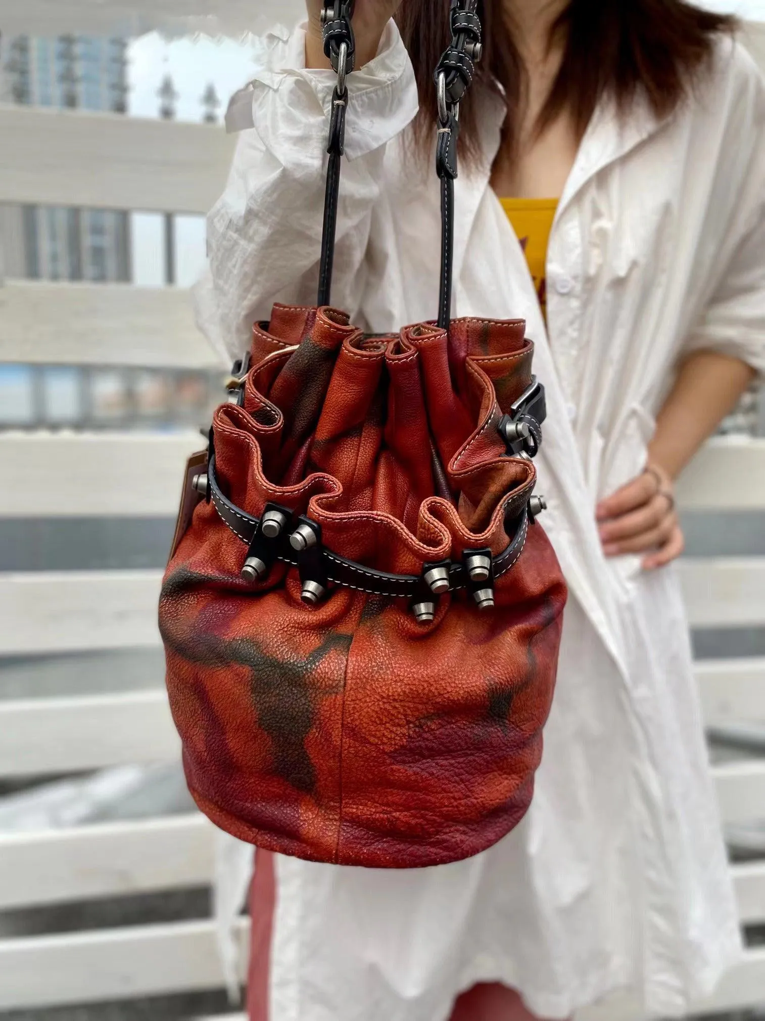Handcrafted Bohemian Vintage Italian Leather Drawstring Bucket Shoulder Bag | A Perfect Gift for Her