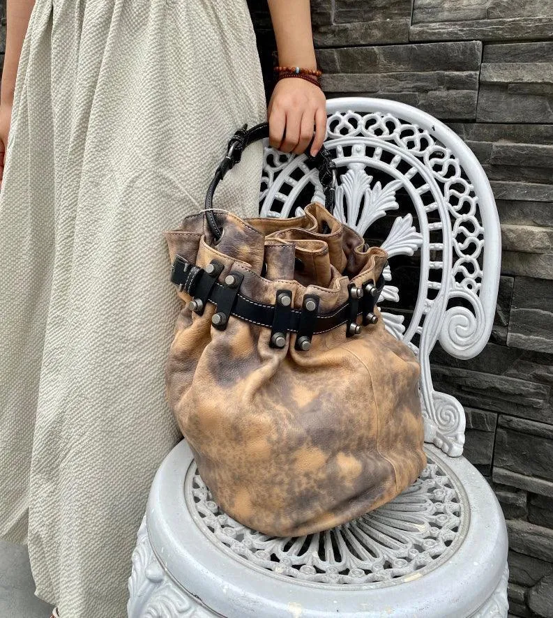 Handcrafted Bohemian Vintage Italian Leather Drawstring Bucket Shoulder Bag | A Perfect Gift for Her