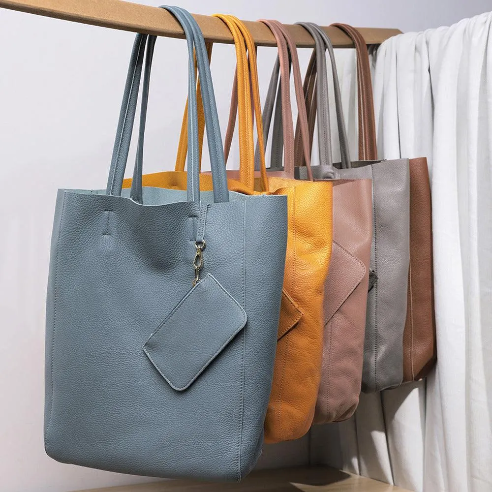 Handcrafted Leather Tote Bag | Grain Leather Large Tote Bag |  Birthday gift for her, yellow, Shell Pink, Caramel, Black Blue Gift For Her