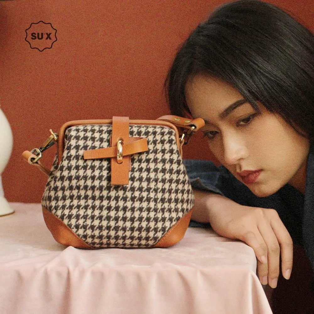 Handmade Womens Leather Tweed Doctor Handbag Small Side Purses Doctor Purse for Women