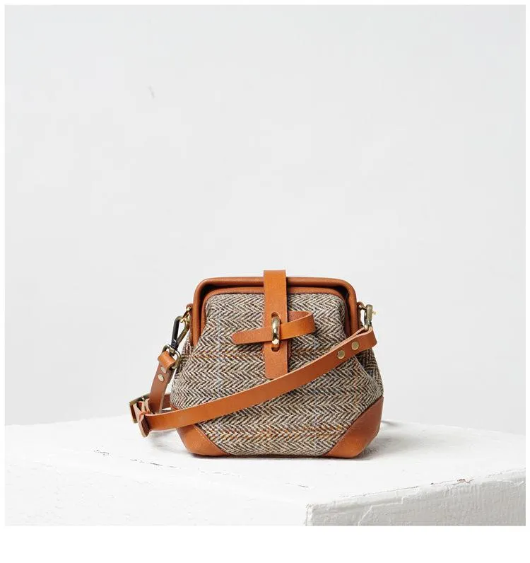 Handmade Womens Leather Tweed Doctor Handbag Small Side Purses Doctor Purse for Women
