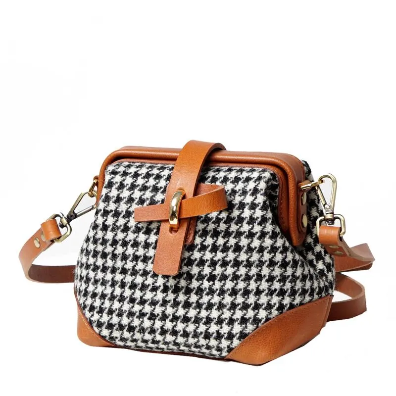 Handmade Womens Leather Tweed Doctor Handbag Small Side Purses Doctor Purse for Women