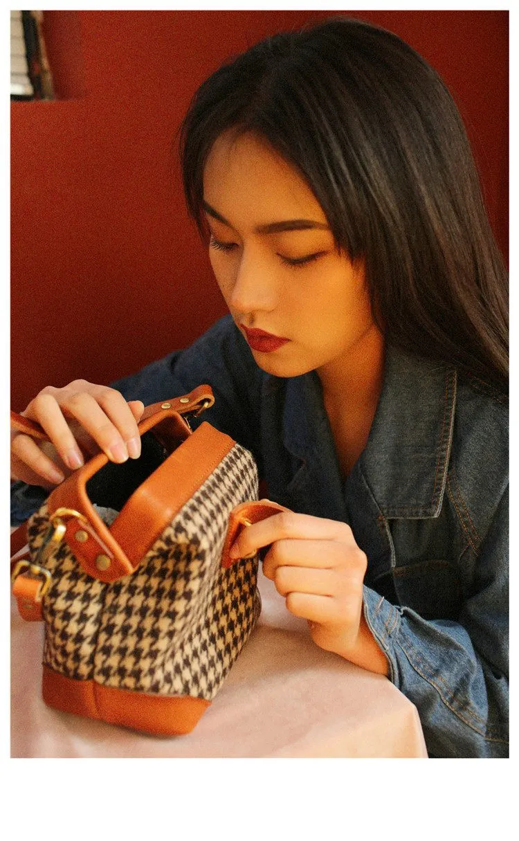 Handmade Womens Leather Tweed Doctor Handbag Small Side Purses Doctor Purse for Women
