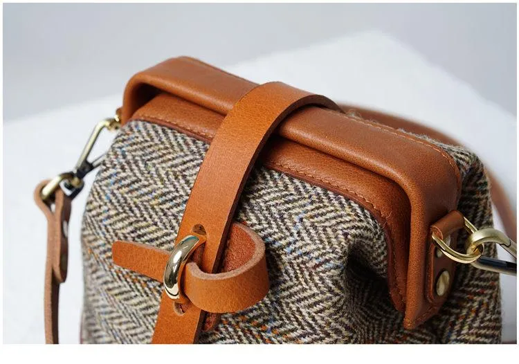 Handmade Womens Leather Tweed Doctor Handbag Small Side Purses Doctor Purse for Women