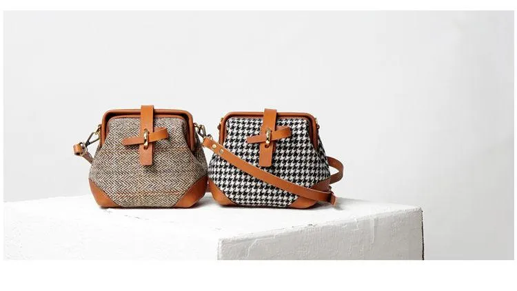 Handmade Womens Leather Tweed Doctor Handbag Small Side Purses Doctor Purse for Women