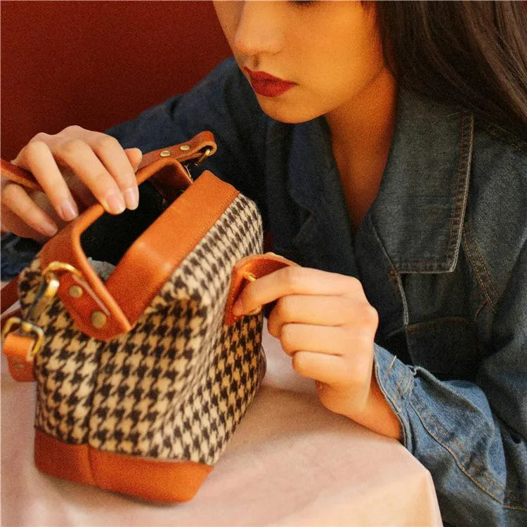 Handmade Womens Leather Tweed Doctor Handbag Small Side Purses Doctor Purse for Women