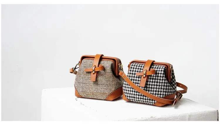 Handmade Womens Leather Tweed Doctor Handbag Small Side Purses Doctor Purse for Women