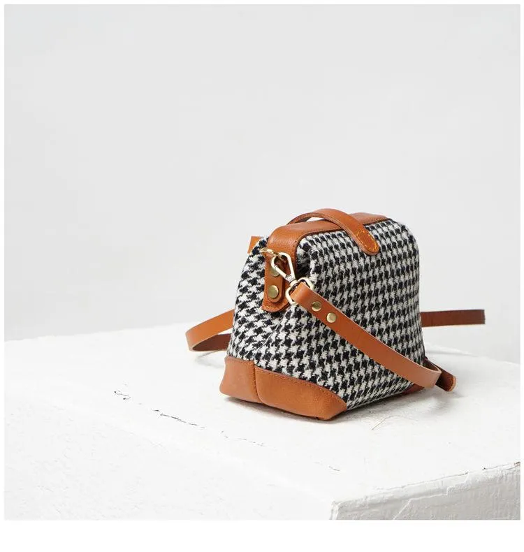 Handmade Womens Leather Tweed Doctor Handbag Small Side Purses Doctor Purse for Women