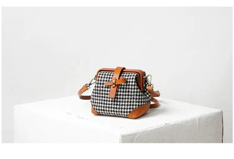 Handmade Womens Leather Tweed Doctor Handbag Small Side Purses Doctor Purse for Women