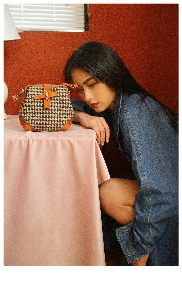 Handmade Womens Leather Tweed Doctor Handbag Small Side Purses Doctor Purse for Women