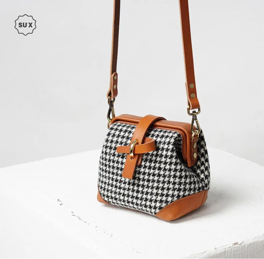 Handmade Womens Leather Tweed Doctor Handbag Small Side Purses Doctor Purse for Women