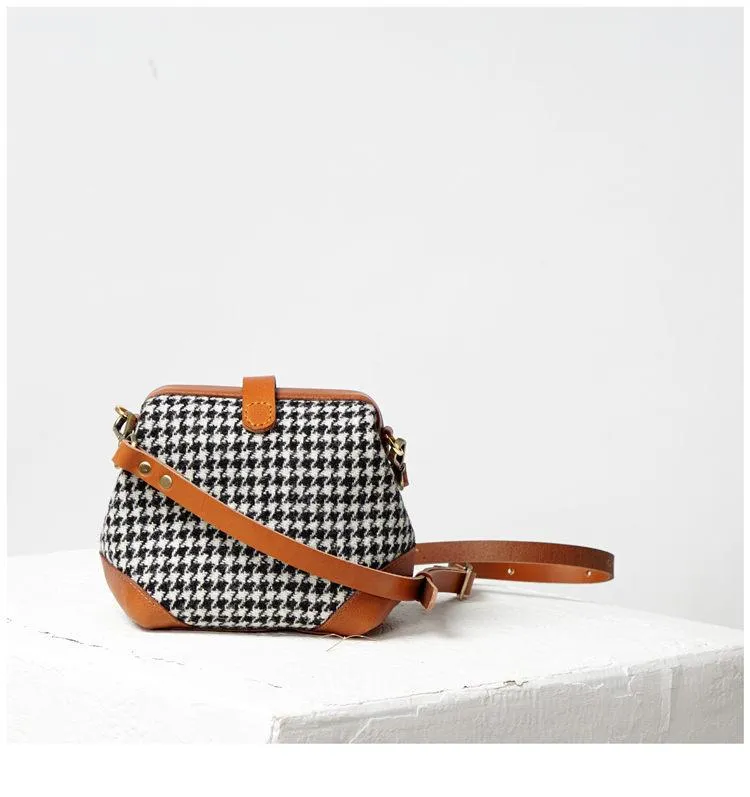 Handmade Womens Leather Tweed Doctor Handbag Small Side Purses Doctor Purse for Women