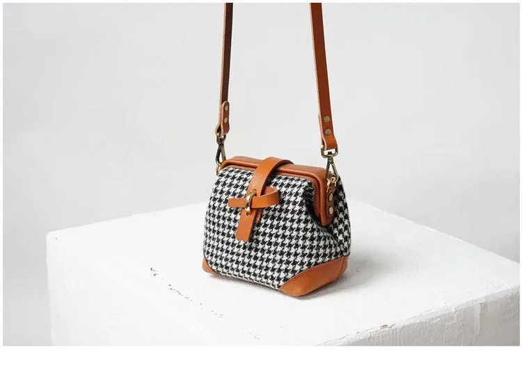 Handmade Womens Leather Tweed Doctor Handbag Small Side Purses Doctor Purse for Women