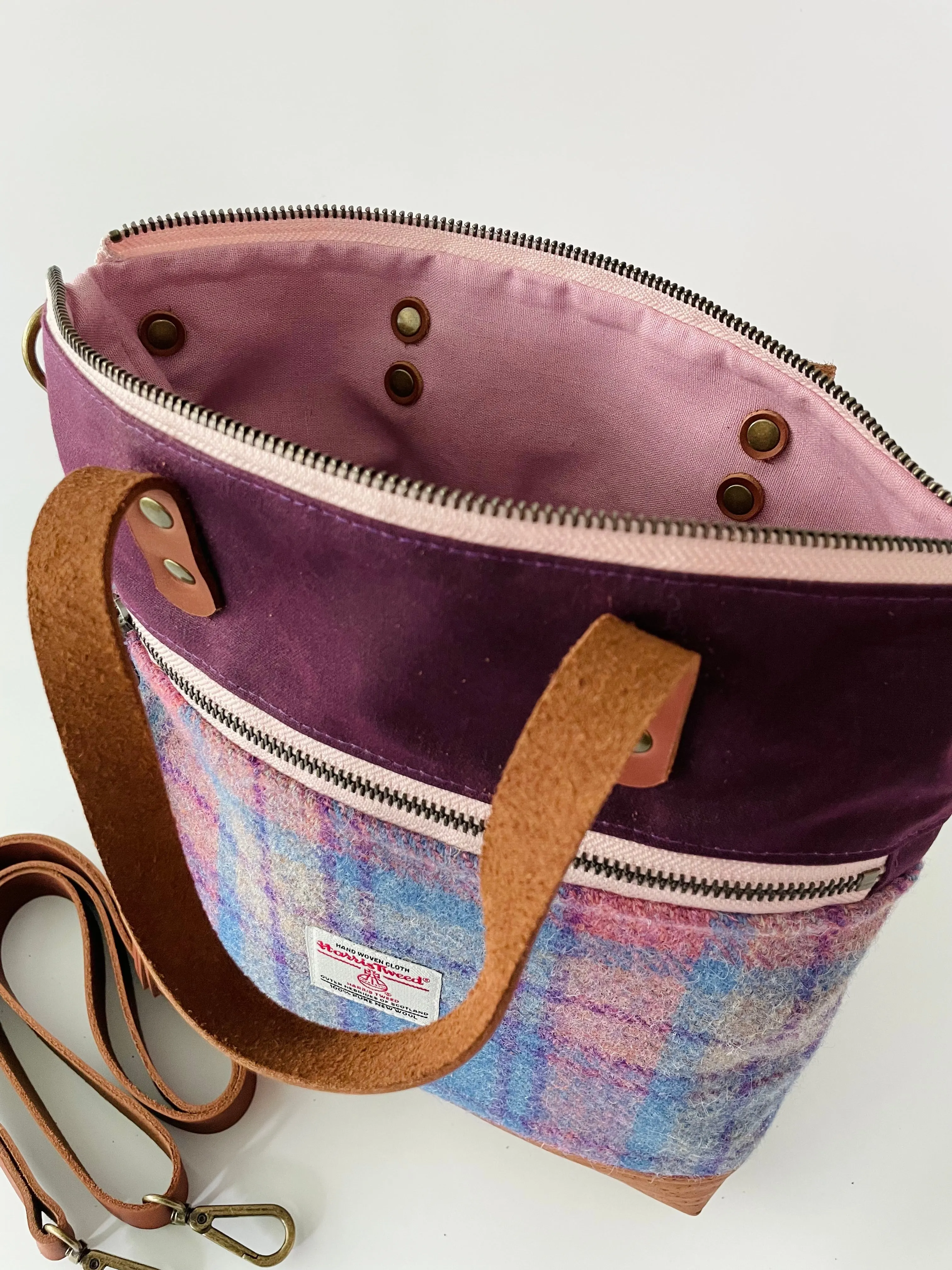 Harris Tweed Crossbody Tote, Purple and Blue Check