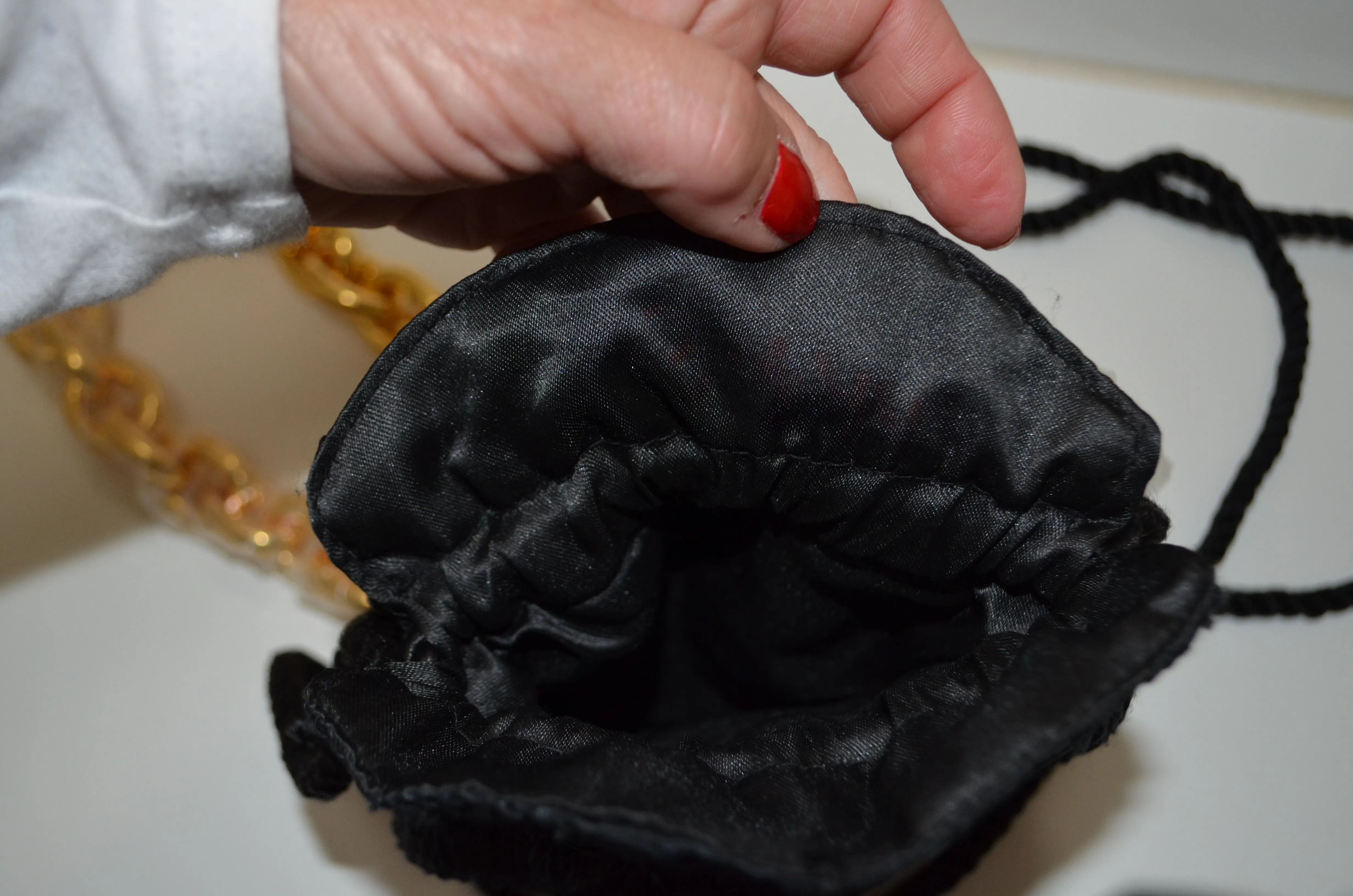 Inspired CC Brooch Black tote Pouch drawstring miniature chain handle bag