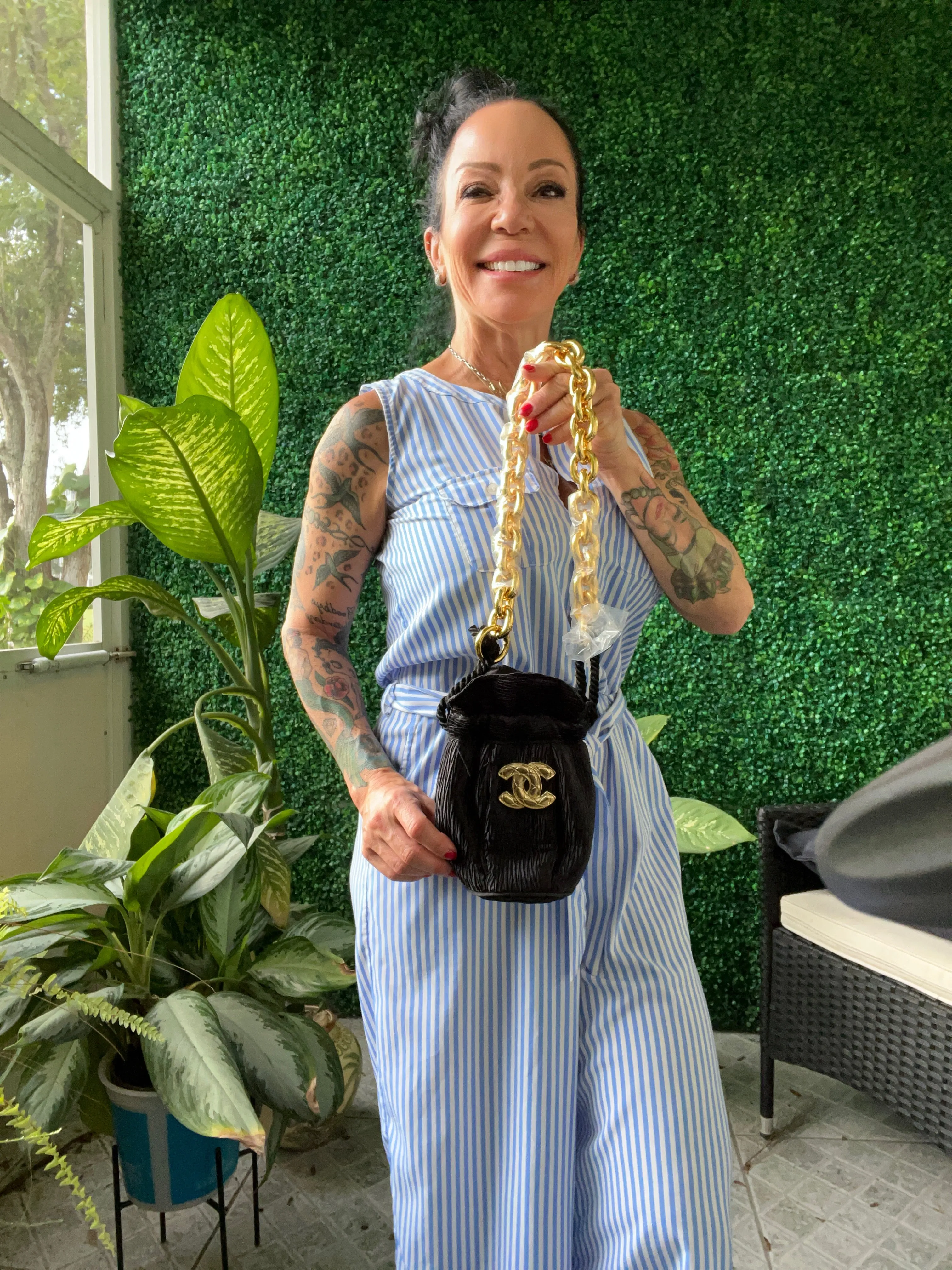 Inspired CC Brooch Black tote Pouch drawstring miniature chain handle bag