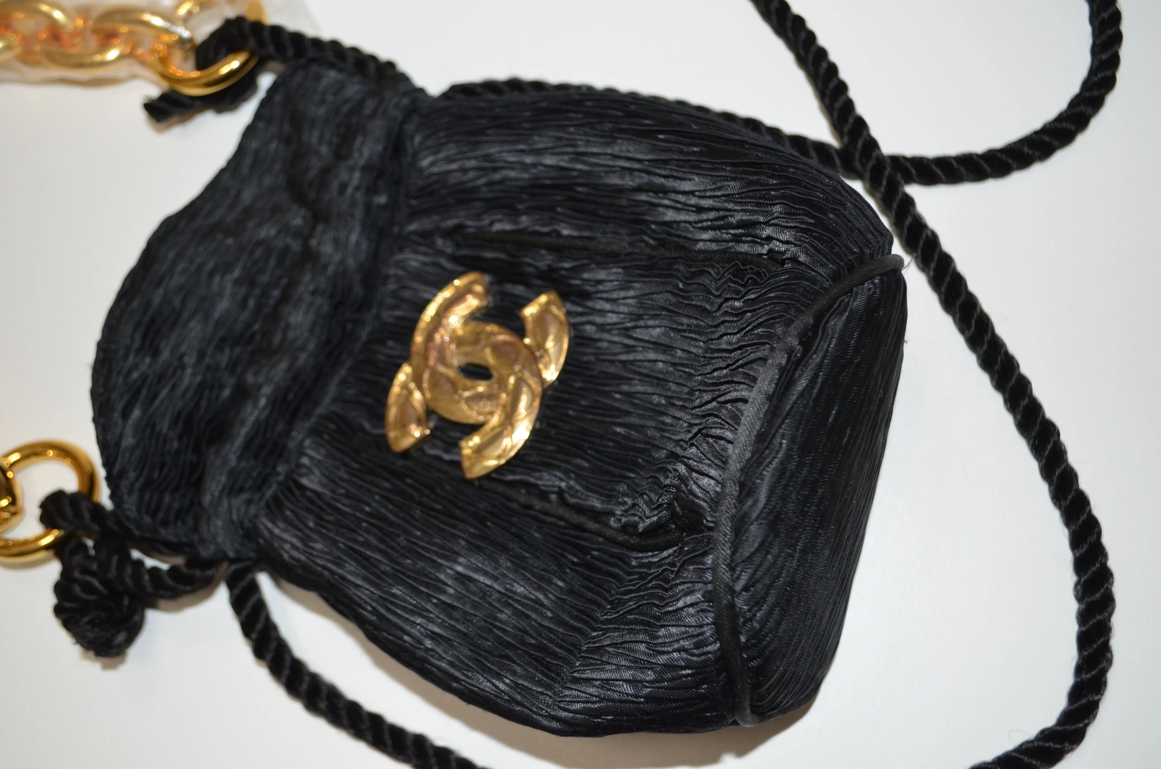 Inspired CC Brooch Black tote Pouch drawstring miniature chain handle bag