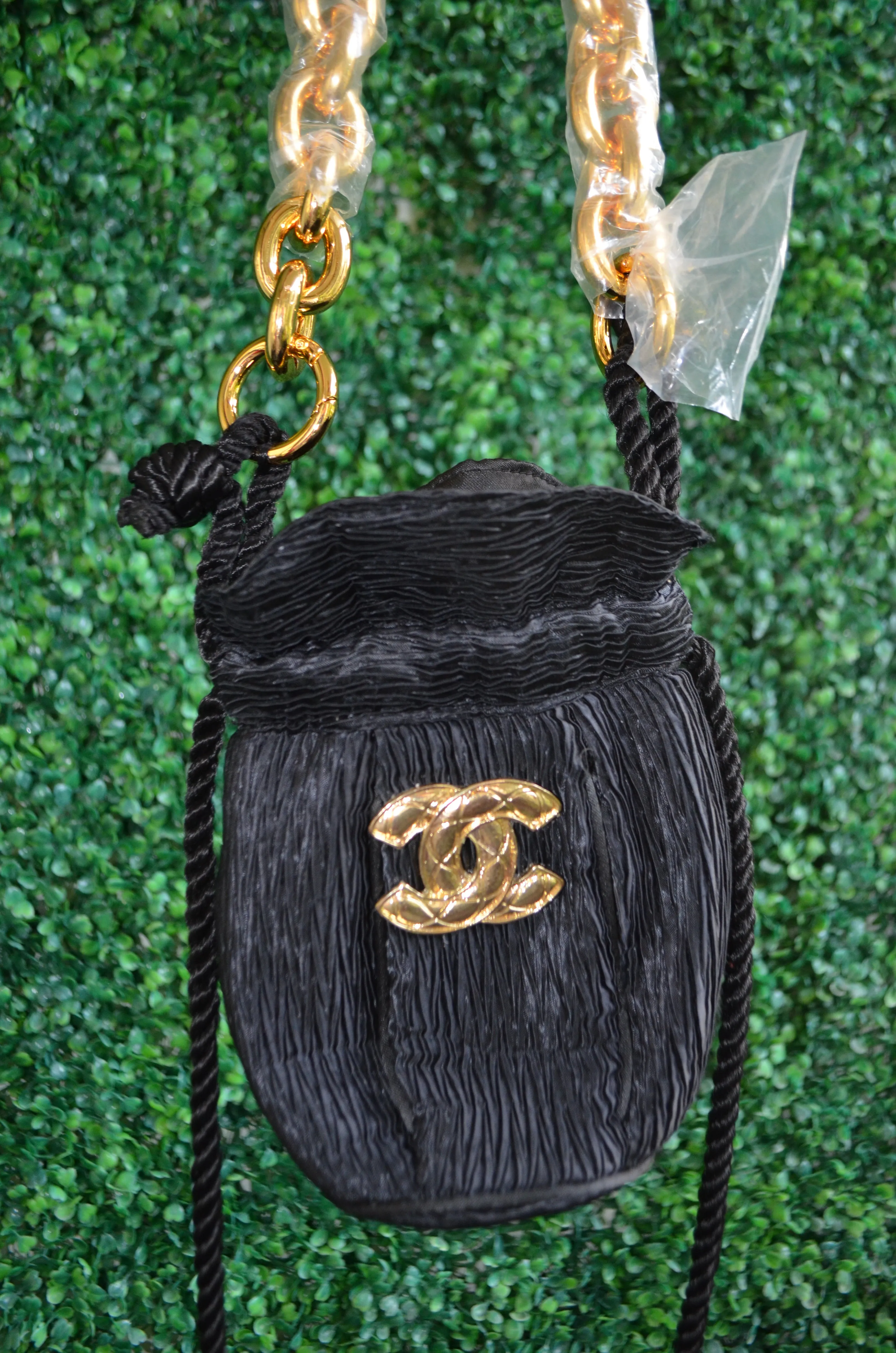 Inspired CC Brooch Black tote Pouch drawstring miniature chain handle bag
