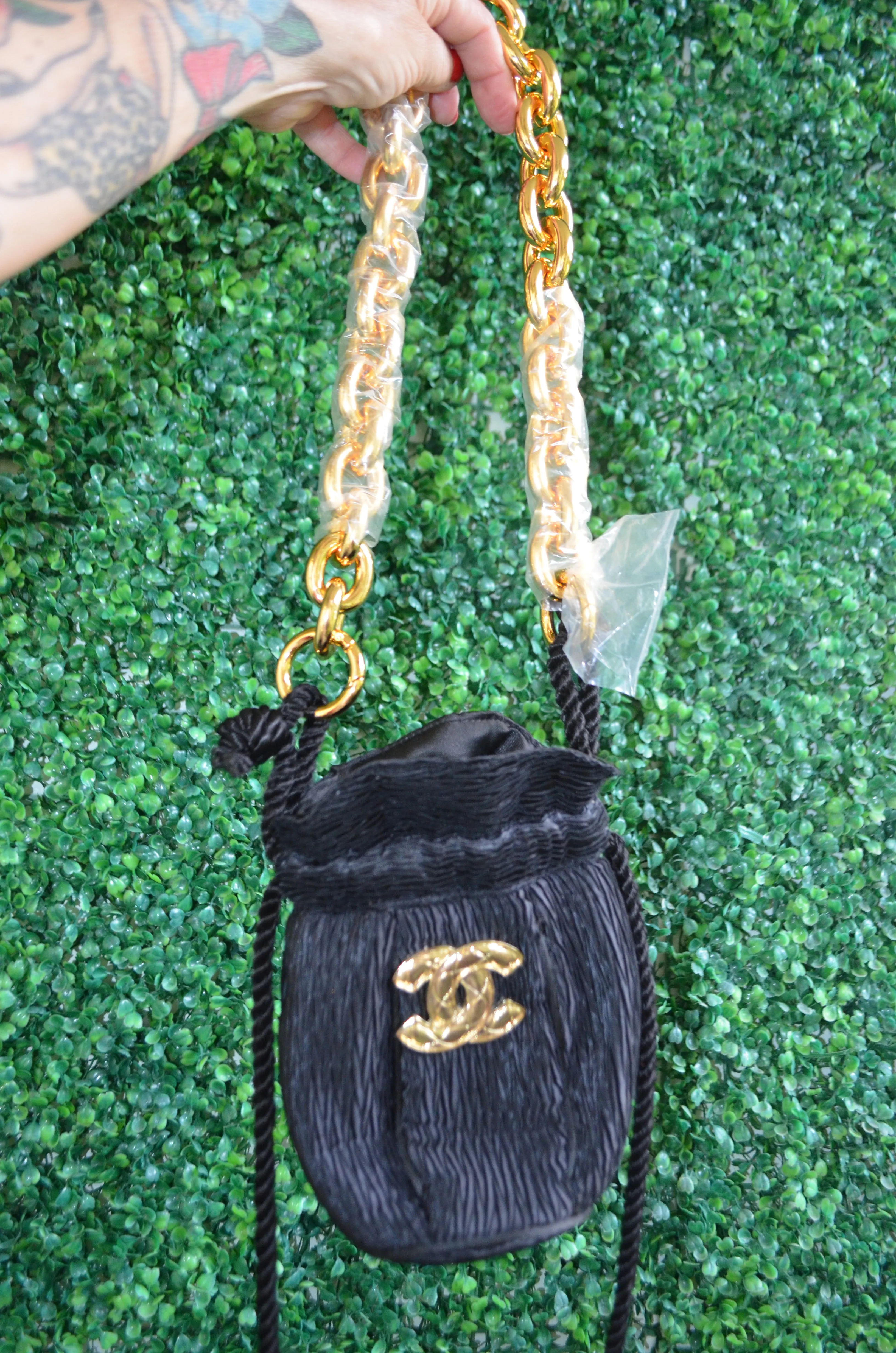 Inspired CC Brooch Black tote Pouch drawstring miniature chain handle bag
