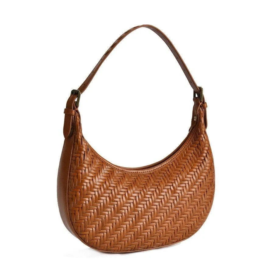 Italian Grain Leather Woven Hobo Shoulder Bag, Cowhide Leather Summer Beach Bag, Triple Jump Bamboo Shoulder Bag, Handcrafted Basket Bag