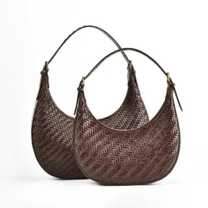 Italian Grain Leather Woven Hobo Shoulder Bag, Cowhide Leather Summer Beach Bag, Triple Jump Bamboo Shoulder Bag, Handcrafted Basket Bag