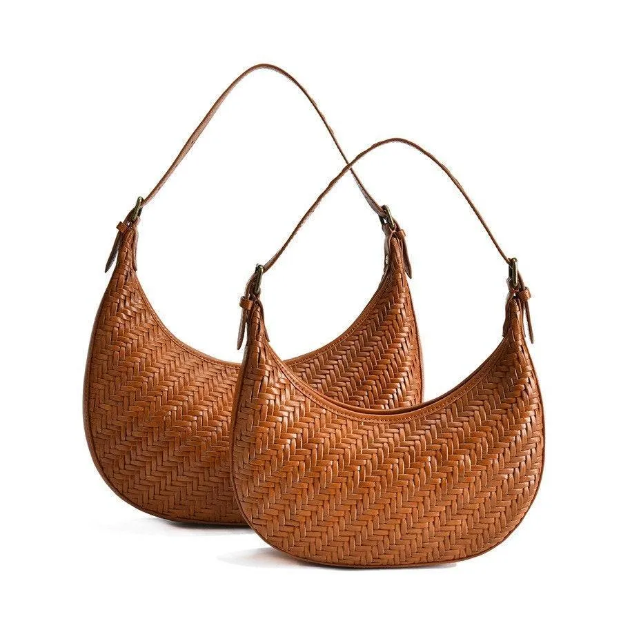 Italian Grain Leather Woven Hobo Shoulder Bag, Cowhide Leather Summer Beach Bag, Triple Jump Bamboo Shoulder Bag, Handcrafted Basket Bag