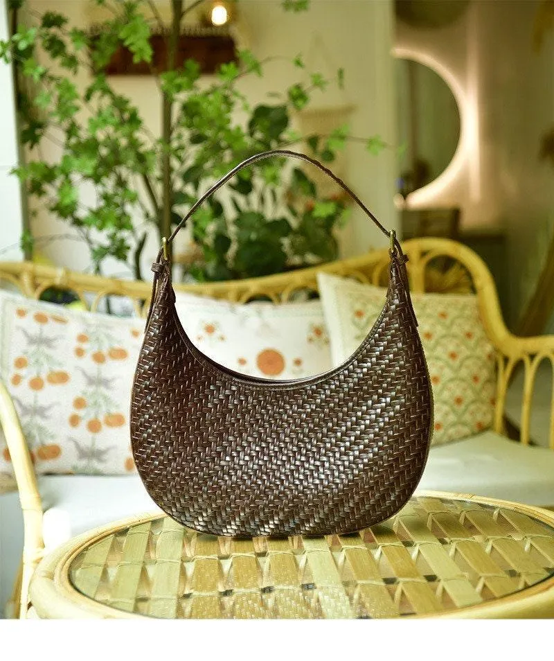 Italian Grain Leather Woven Hobo Shoulder Bag, Cowhide Leather Summer Beach Bag, Triple Jump Bamboo Shoulder Bag, Handcrafted Basket Bag