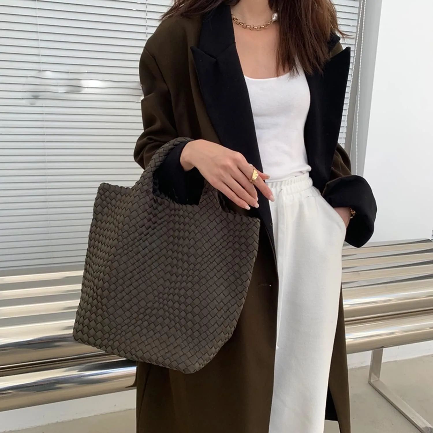 JINMANXUE Woven Hobo Bag For Women Neoprene Tote Bag Large Capacity Handbag Patchwork Handmade Casual Shoulder Bags