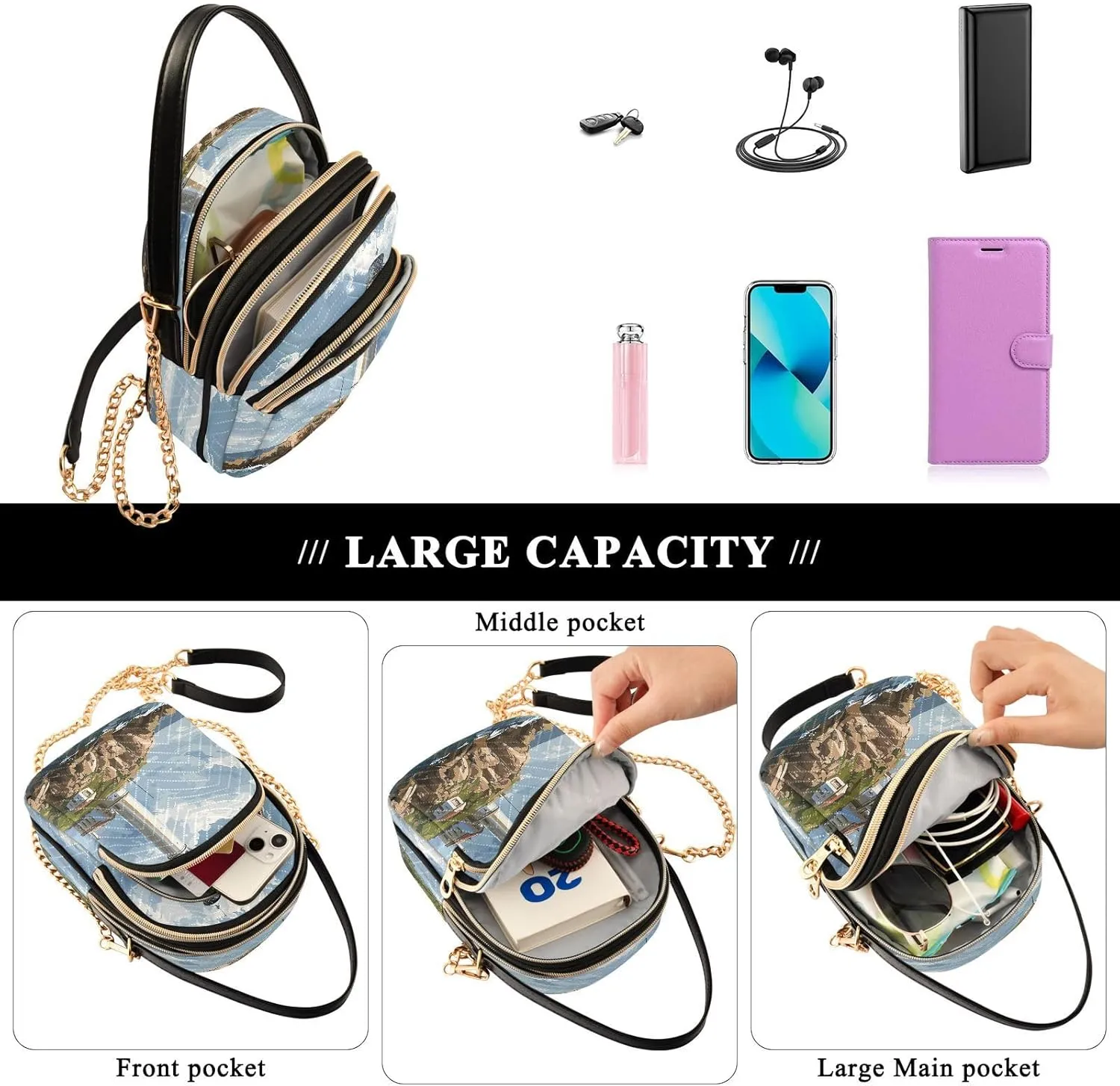 Joisal Starry Night Village Crossbody Bags, Women's Purses and Handbags Triple Zip Women Shoulder Bag