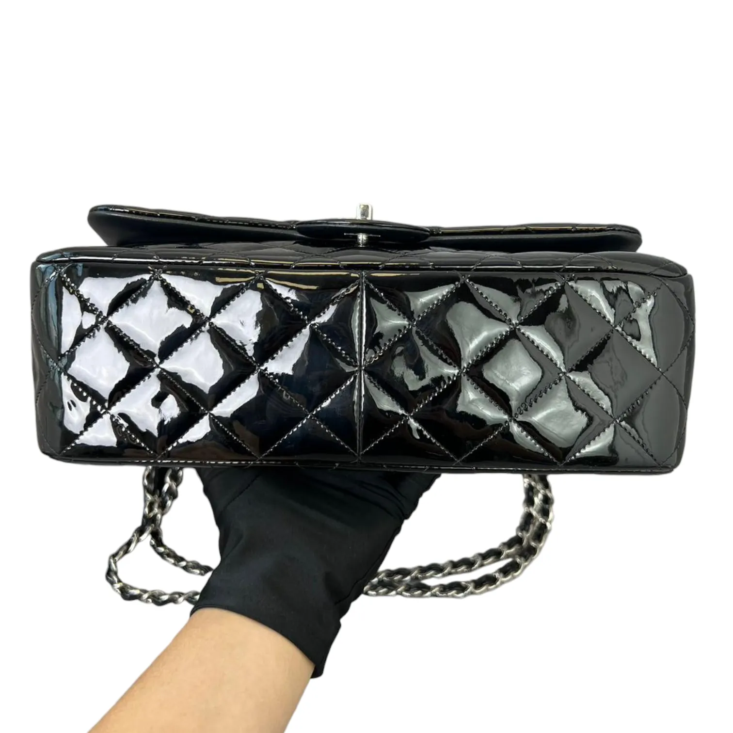 Jumbo Double Flap Black Patent Quilted SHW