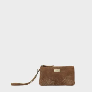 'KAREN' Tan Suede Leather with Yellow Gold Embellishment Wristlet Clutch Bag