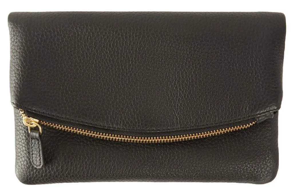 Kiko Leather Women's Black Flap Clutch with Bronze Chain & Leather Strap