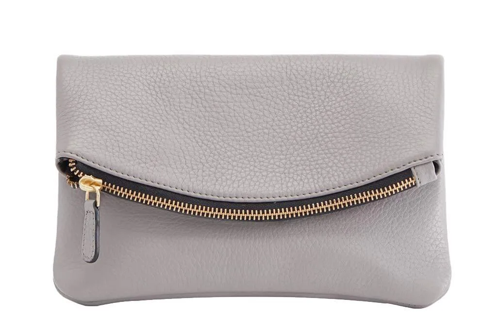 Kiko Leather Women's Grey Flap Clutch with Bronze Chain & Leather Strap