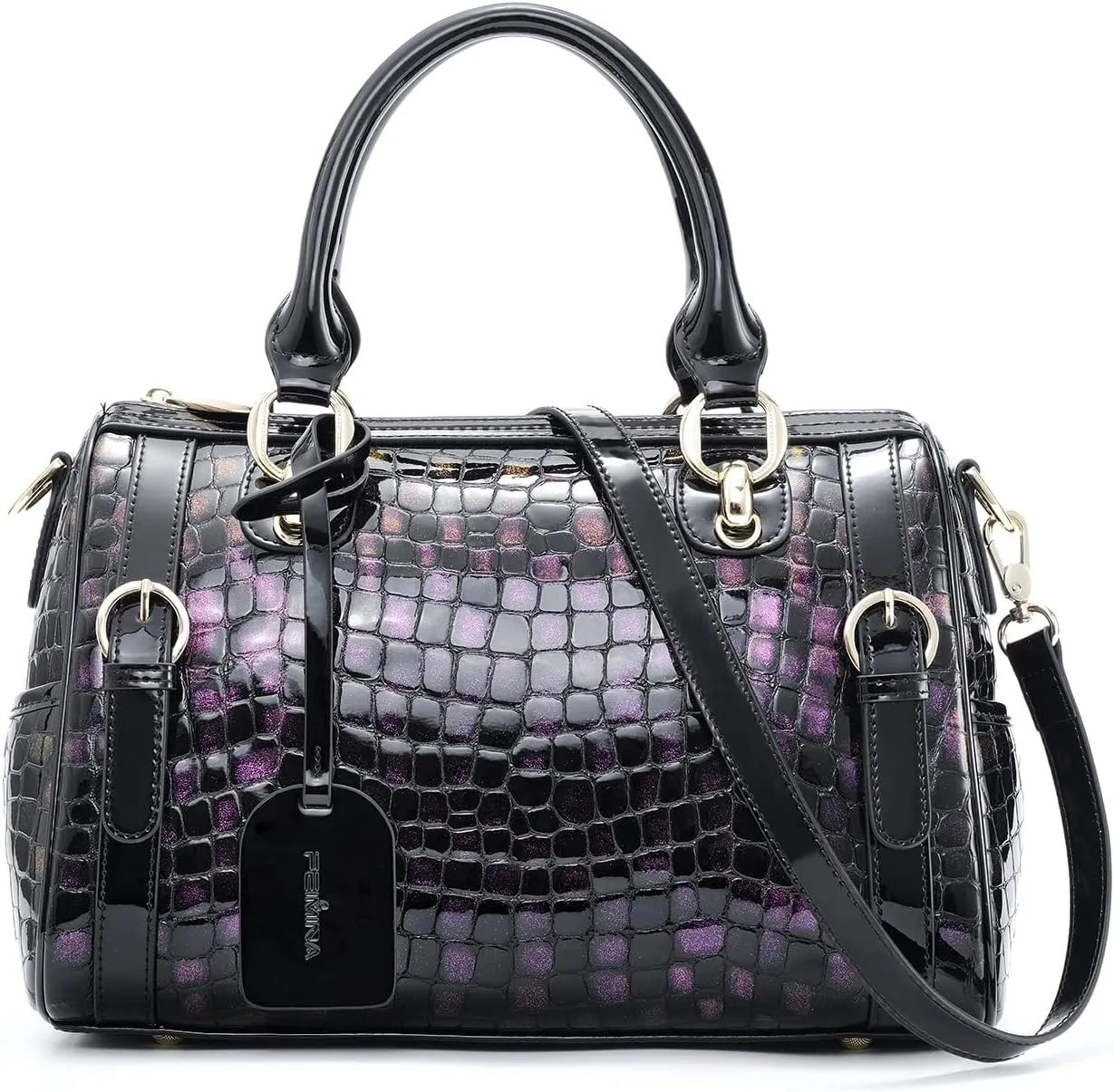 Ladies Genuine Leather Top-Handle Handbags,Patent Leather Fashion Handbags,Leopard Print Women Shoulder Bags,Cowhide Crossbody Shoulder Bags, Boston Tote Purse For Women, Blue