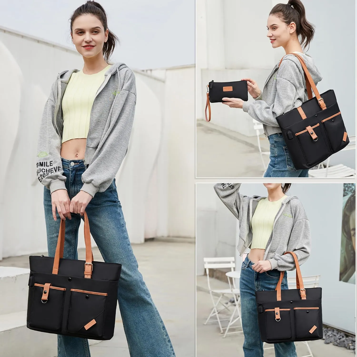 Laptop Bag for Women 15.6 Inch Work Tote Briefcase with USB Nylon Shoulder Handbag for Office Travel Business