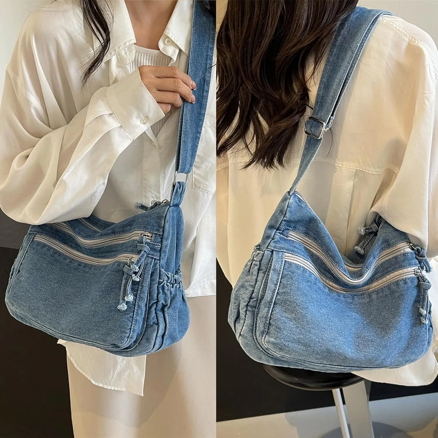 Large Denim Purses for Women Denim Tote Bag Casual Retro Crossbody Lightweight Shoulder Bag Canvas Handbags