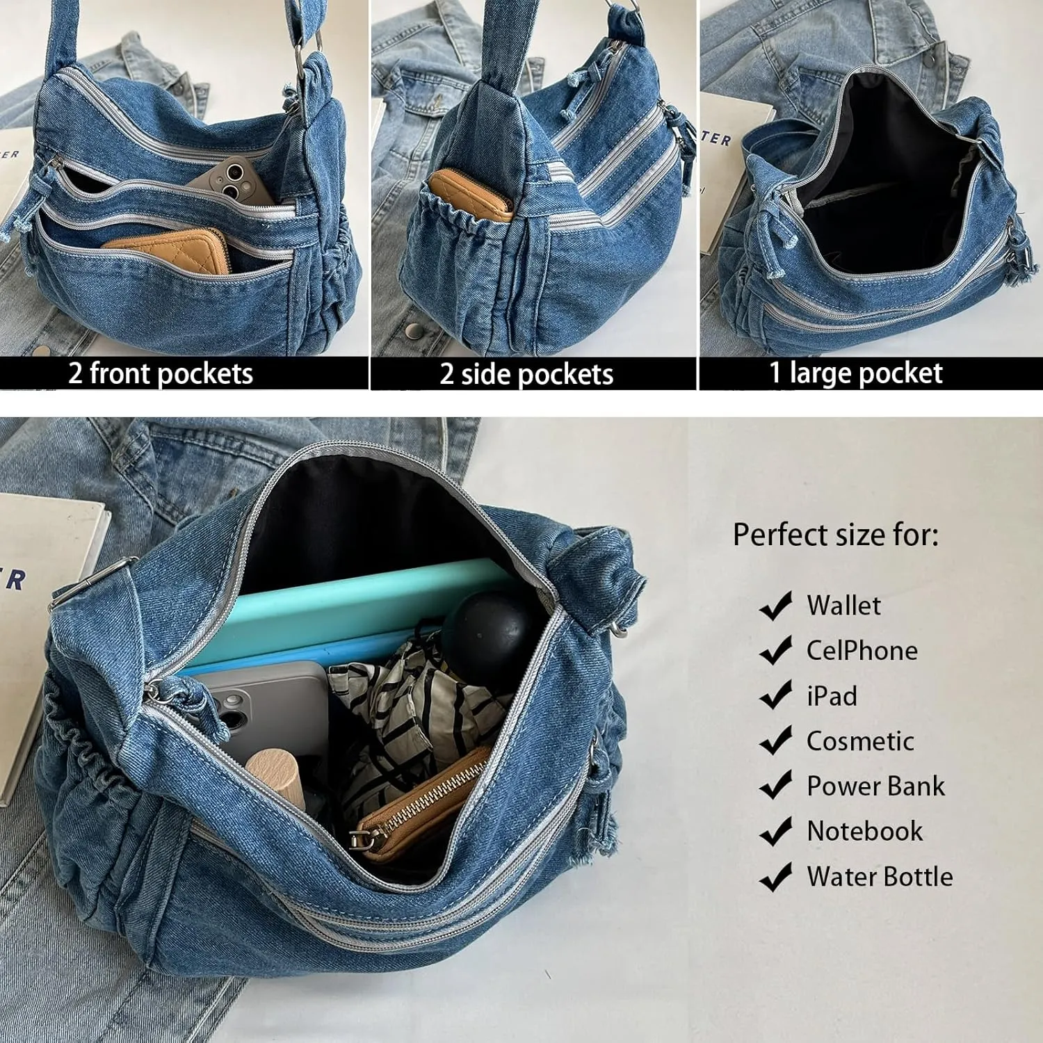 Large Denim Purses for Women Denim Tote Bag Casual Retro Crossbody Lightweight Shoulder Bag Canvas Handbags