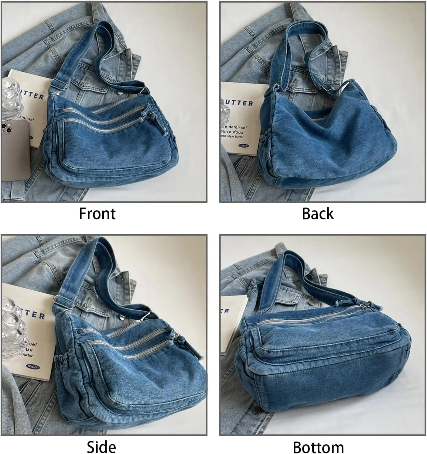 Large Denim Purses for Women Denim Tote Bag Casual Retro Crossbody Lightweight Shoulder Bag Canvas Handbags
